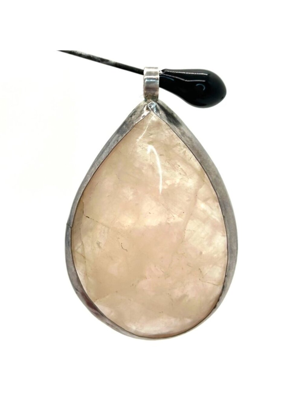Rose Quartz Teardrop Pendant In Unmarked Sterling Silver Bezel Setting